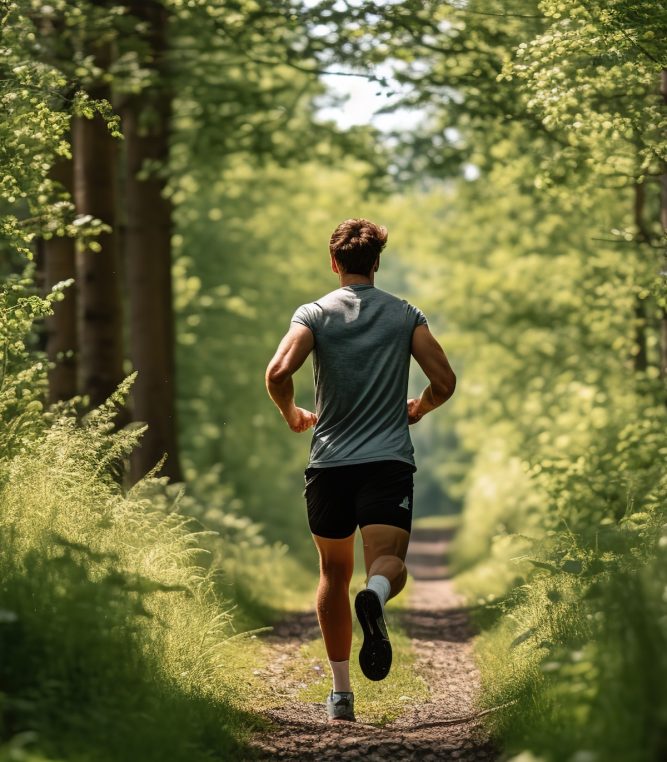A young adult man runs through the forest on a natural path on a sunny summer day.