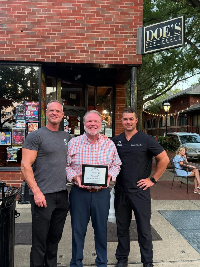 The Strenge Spine Center was just named a Barricaid Platinum Center of Excellence!  This distinction was awarded based upon the extensive experience Dr. K. Brandon Strenge has implanting the Barricaid bone anchored annular closure device.  Barricaid has been proven to substantially decrease the risk of recurrent disc herniation and re-operation after a microdiscectomy procedure.  Both Dr. Strenge (left) and Ben Kirchner PAC (right) are part of the teaching panel for Intrinsic Therapeutics, the maker of Barricaid.  Thanks to John Godwin (center) for presenting us with the award and Doe’s Eat Place in downtown Paducah for hosting us for all of our business dinners.